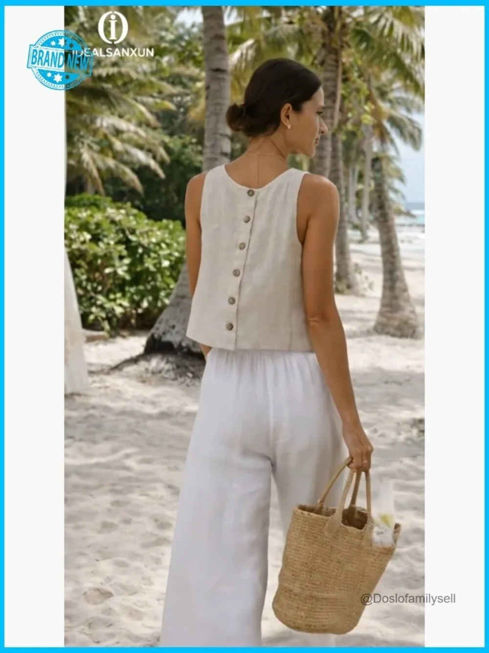 Linen Crop Tank Top Sleeveless High Neck Button Back Summer Beach Top Casual